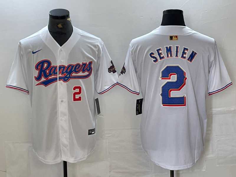 Mens Texas Rangers #2 Marcus Semien Number White 2023 World Series Champions Cool Base Jerseys